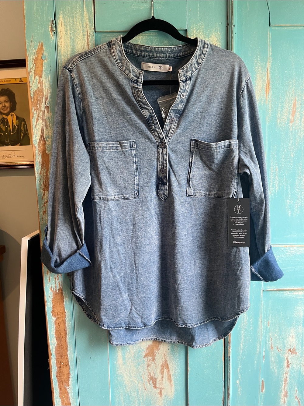 Casual Washed Blue Denim Henley Shirt - Billy 72